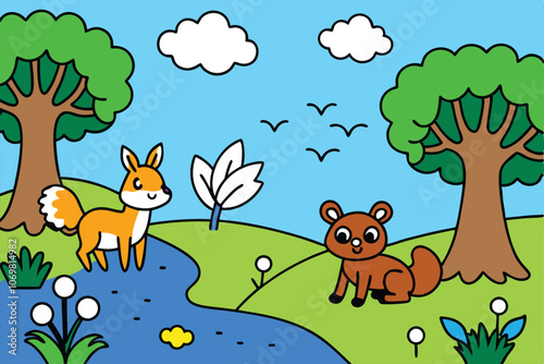 adorable playful forest animals in a vibrant forest setting