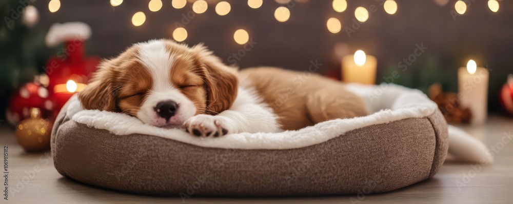 A fluffy puppy snoozing in a cozy pet bed, surrounded by holiday decorations and warm candlelight A fluffy puppy snoozing in a cozy pet bed, surrounded by holiday decorations and warm candlelight