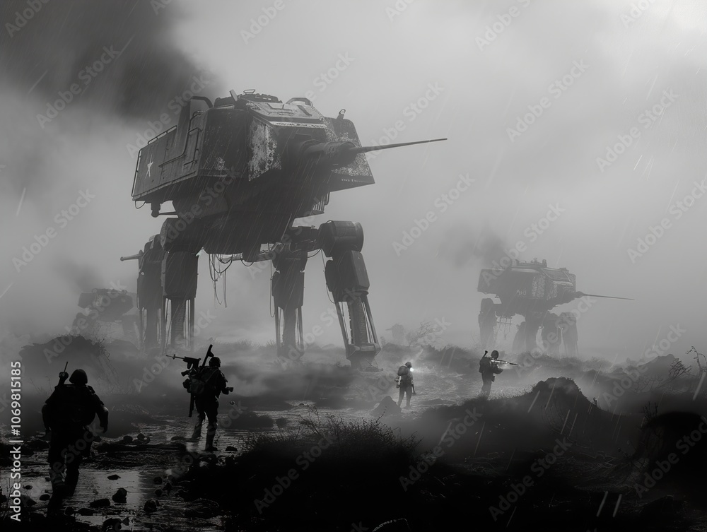 Fototapeta premium Futuristic Warfare: Soldiers and Armored Vehicles in a Desolate Battlefield
