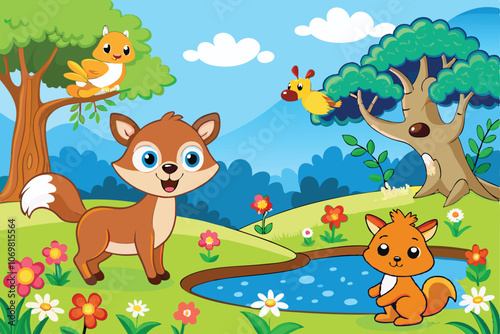 adorable playful forest animals in a vibrant forest setting