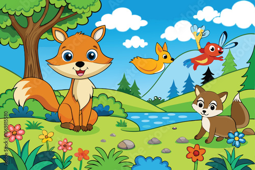 adorable playful forest animals in a vibrant forest setting