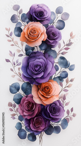 Wallpaper Mural Watercolor floral border frame with gradient of purple roses and lilac flowers, delicate eucalyptus foliage, soft transparent background, vertical frame layout, gentle and refined Torontodigital.ca