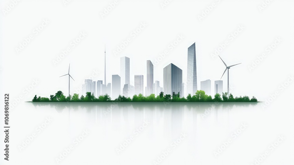 Fototapeta premium Modern City Skyline Surrounded by Lush Greenery and Wind Turbines