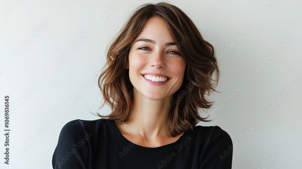 Fototapeta premium Joyful Woman at Hair Salon Radiating Happiness