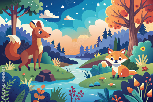 adorable playful forest animals in a vibrant forest setting