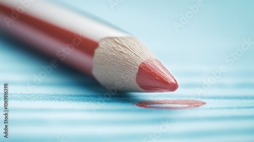 Crimson Crayon Close-up: A richly hued red crayon rests on a subtly textured blue surface, its tip sharpened to a point, leaving a small pool of color. The image is a study in texture and color. photo