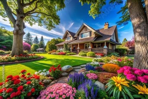 A Stunning House Surrounded by Lush Green Lawn, Vibrant Flowers, and Tall Trees Beneath a Clear Blue Sky – Perfect for Nature Lovers and Outdoor Enthusiasts