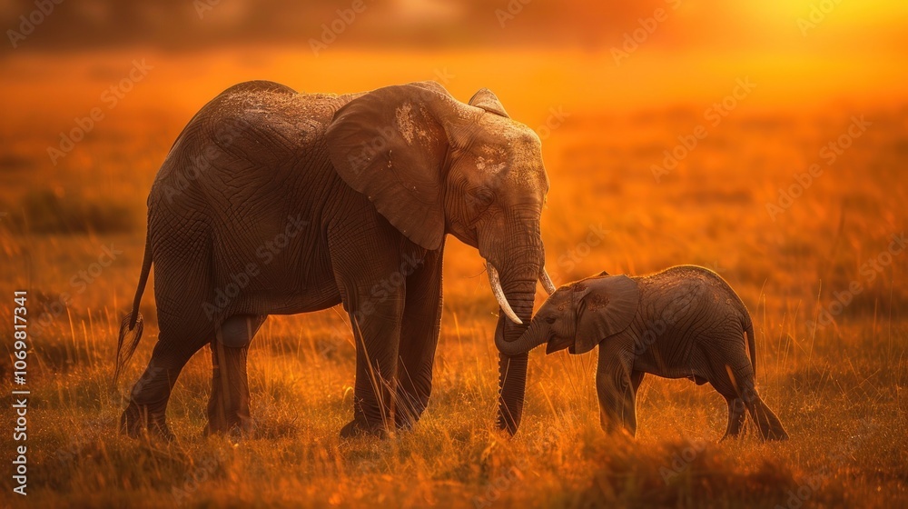 Fototapeta premium Elephant Family at Sunset