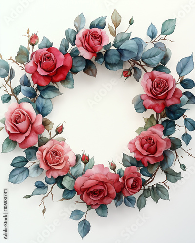 Wallpaper Mural Watercolor rose wreath border frame, pink and red roses with green foliage, circular shape, romantic and elegant, balanced design, soft brush textures, vintage romance Torontodigital.ca