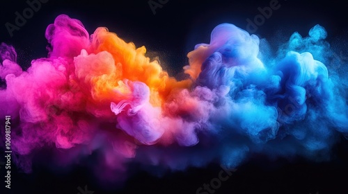 Dynamic Color Explosion of Powder and Smoke in Blue, Pink, Orange, and Yellow – Energetic Cloud-Like Burst Against a Dark Background, Perfect for Artistic, Creative, and Abstract Design Themes