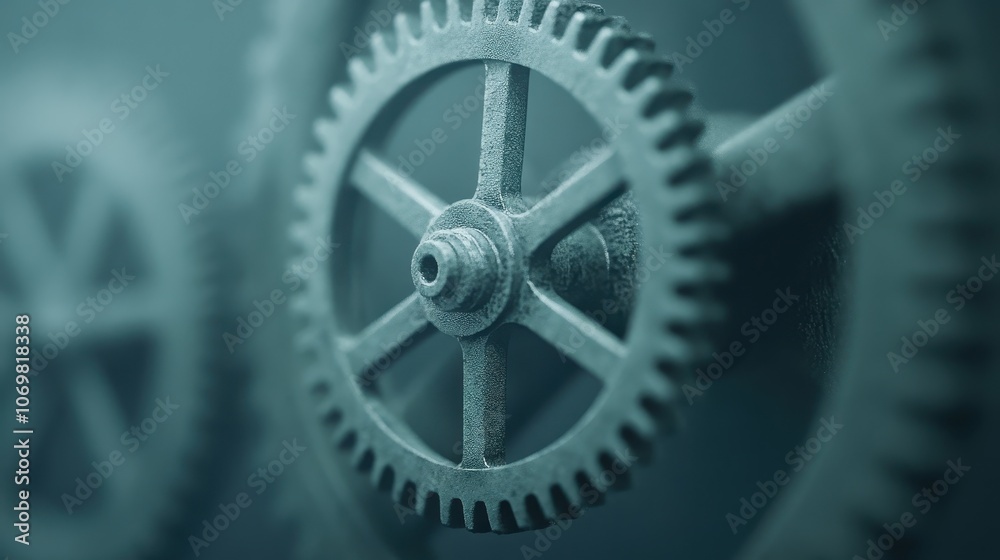 Precisely Interlocking Gears: A detailed close-up of intricately designed metal gears, showcasing their seamless mechanical interaction. The cool teal tone adds a sophisticated touch. Precisely Interlocking Gears: A detailed close-up of intricately designed metal gears, showcasing their seamless mechanical interaction. The cool teal tone adds a sophisticated touch.