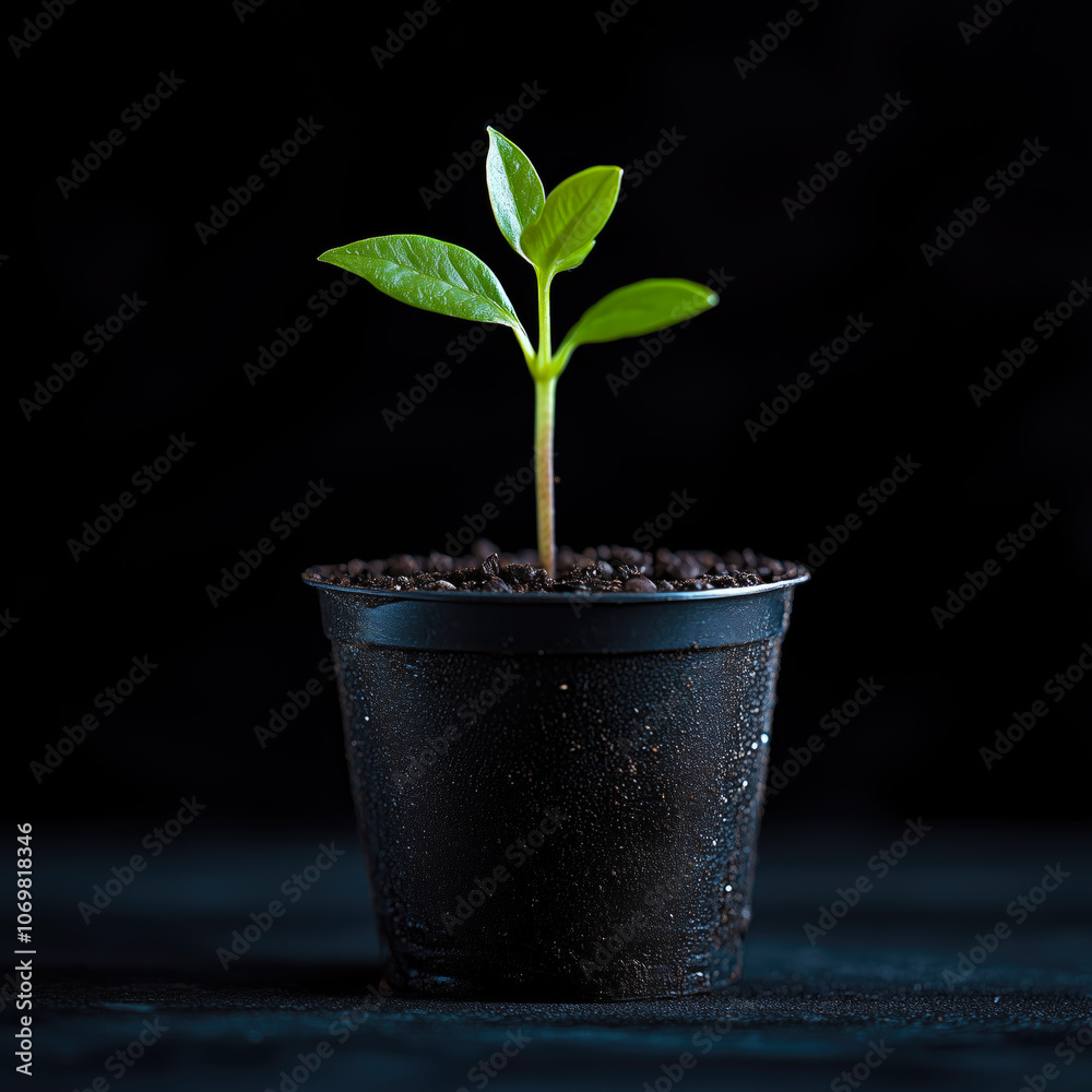 Small plant is in a black plastic pot Small plant is in a black plastic pot