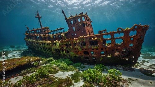 An old, rusted shipwreck resting on the ocean floor, covered in barnacles and seaweed.