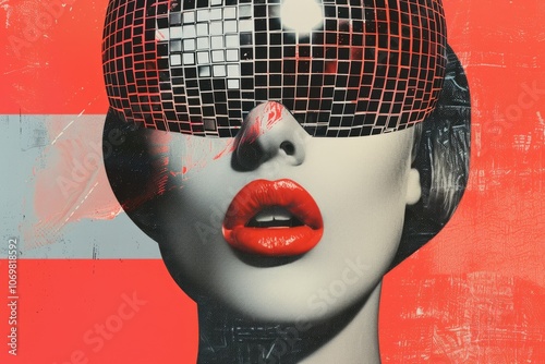 Abstract collage. Concept Disco girl with a head of disco ball and red lips