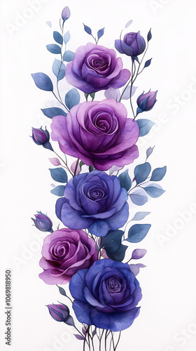 Wallpaper Mural Dreamy watercolor floral border frame, violet and lavender roses with eucalyptus greenery, soft watercolor strokes, light and ethereal, isolated on transparent background Torontodigital.ca
