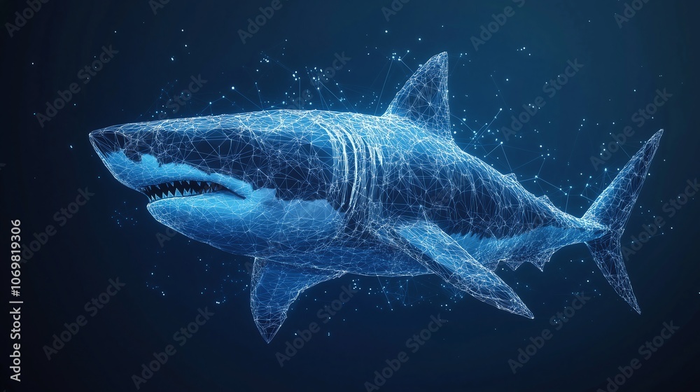 Naklejka premium Abstract Great White Shark on Dark Blue Background, Rendered with Low Poly Wireframe, Lines, and Glowing Particles for a Modern Art Design.