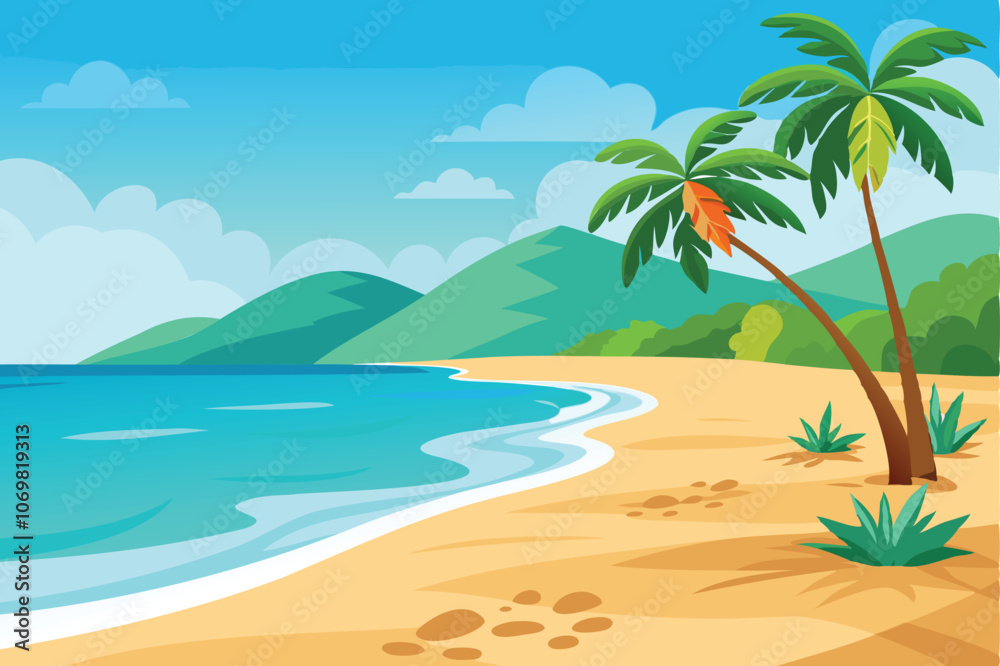 Obraz premium tropical beach view with lush palms and turquoise waves vector illustration 