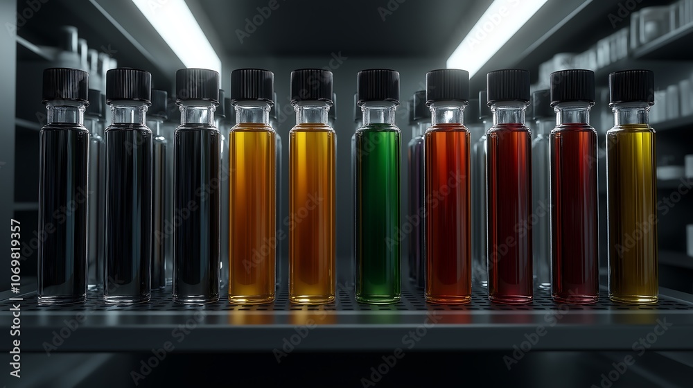 Eye-catching test tubes filled with colorful liquids, focus on the reflection of the colorful liquids Eye-catching test tubes filled with colorful liquids, focus on the reflection of the colorful liquids