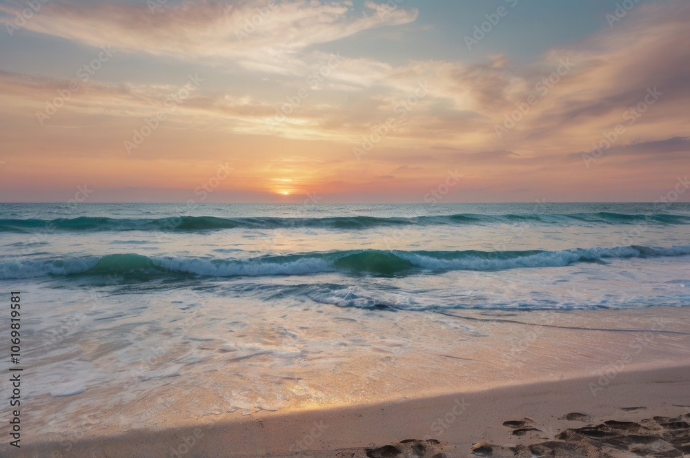 A peaceful sunset shoreline with gentle waves and a far-off horizon beneath a soft pastel sky. A peaceful sunset shoreline with gentle waves and a far-off horizon beneath a soft pastel sky.