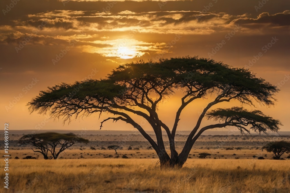 A savanna scene with acacia trees and a sunset stretching to the horizon. A savanna scene with acacia trees and a sunset stretching to the horizon.