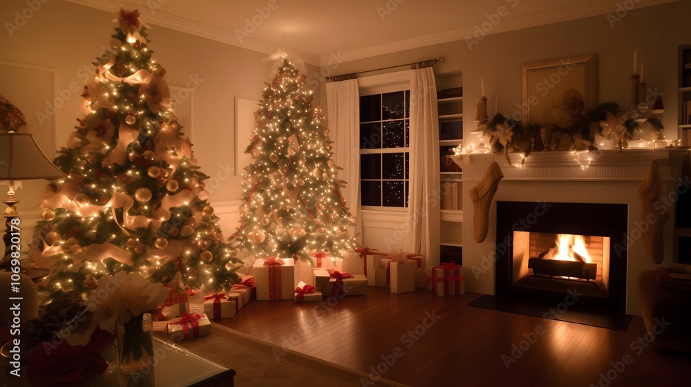 Elegant Christmas Tree Adorned with Gold and Red Ornaments and gifts in festively decorated living room Elegant Christmas Tree Adorned with Gold and Red Ornaments and gifts in festively decorated living room