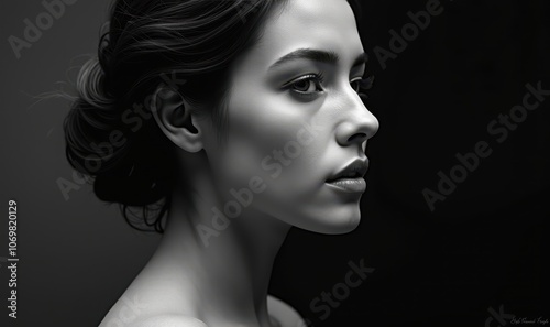 A stunning black-and-white profile portrait of a woman, showcasing elegance and beauty, ideal for fashion, beauty, or lifestyle projects.