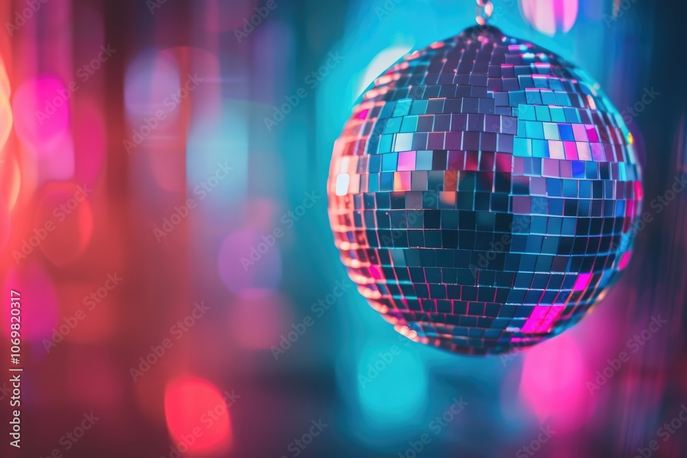 Obraz premium Colorful disco mirror ball lights night club background. Party lights disco ball. Selective focus
