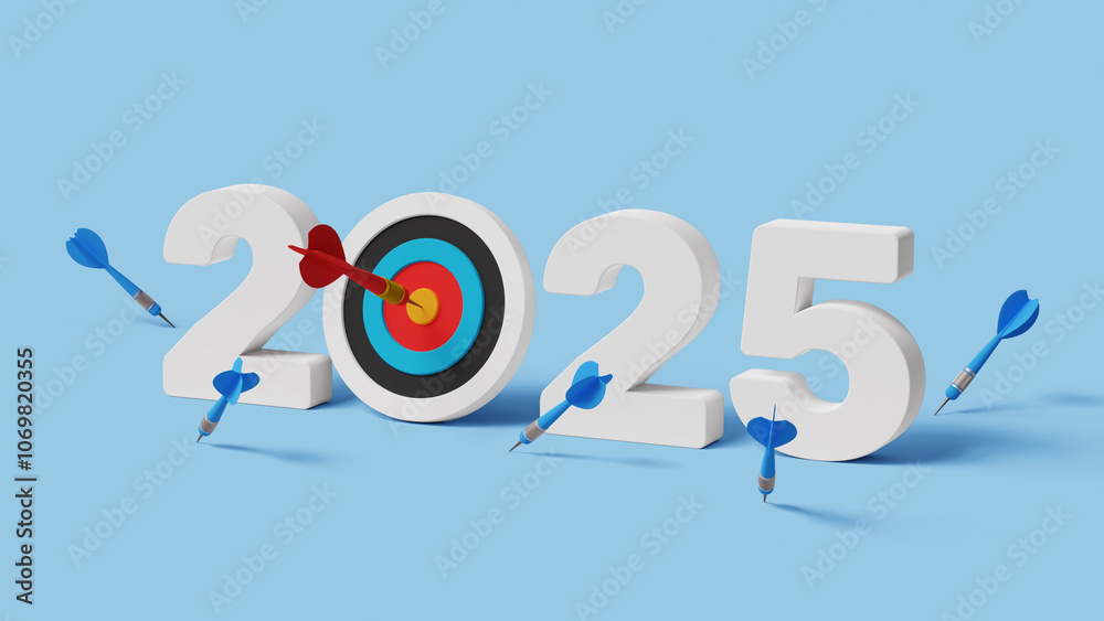 Fototapeta premium 2025 target, success plan and goals. New year resolution, never give up, try try again. Success after many failures. 2025 with archery target one hitting and many missed arrows. 3d illustration