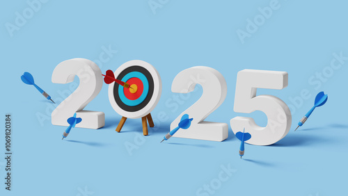 2025 target, success plan and goals. New year resolution, never give up, try try again. Success after many failures. 2025 with archery target one hitting and many missed arrows. 3d illustration