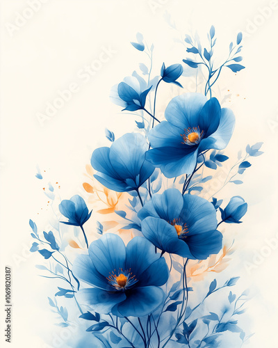 Wallpaper Mural Dreamy watercolor floral border frame, blue and teal flowers with delicate leaves, light and soft hues, ethereal and whimsical, peaceful and calming design, gentle brushstrokes Torontodigital.ca