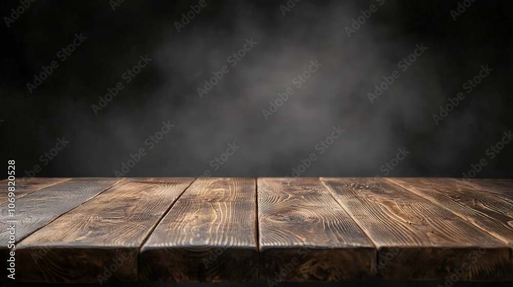 Rustic Wooden Table Surface with Dramatic Smoke Background Effect Rustic Wooden Table Surface with Dramatic Smoke Background Effect