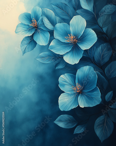 Wallpaper Mural Dreamy watercolor floral border frame, blue and teal flowers with delicate leaves, light and soft hues, ethereal and whimsical, peaceful and calming design, gentle brushstrokes Torontodigital.ca