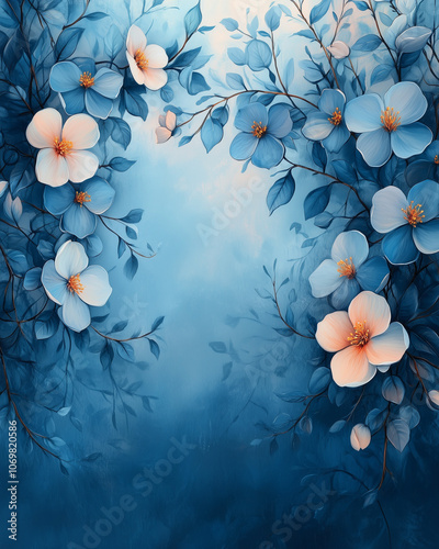 Wallpaper Mural Dreamy watercolor floral border frame, blue and teal flowers with delicate leaves, light and soft hues, ethereal and whimsical, peaceful and calming design, gentle brushstrokes Torontodigital.ca