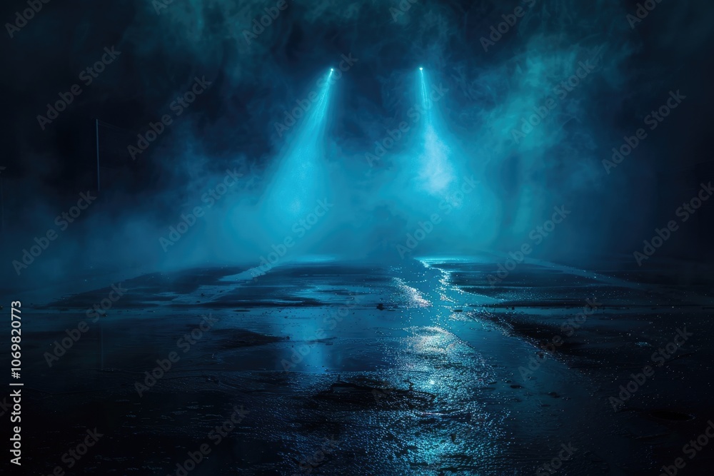 Dark empty scene  blue neon searchlight light  wet asphalt  smoke  night view  rays.