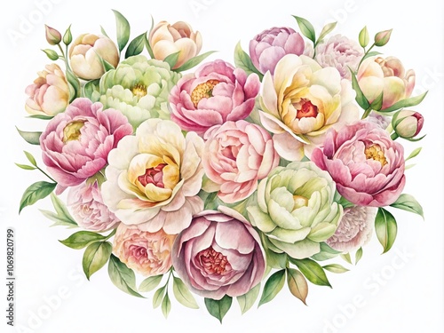 Vintage Style Watercolor Illustration of Pastel Peonies Forming a Heart on a White Background, Perfect for Postcards and Floral Art Enthusiasts