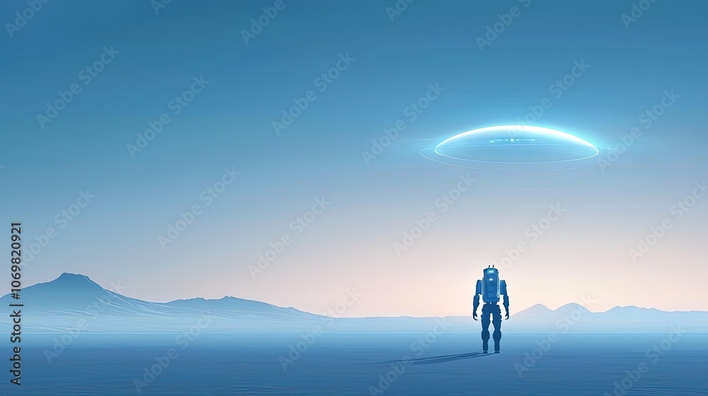 Fototapeta premium Futuristic Robot Standing Alone Under a Mysterious Floating Object