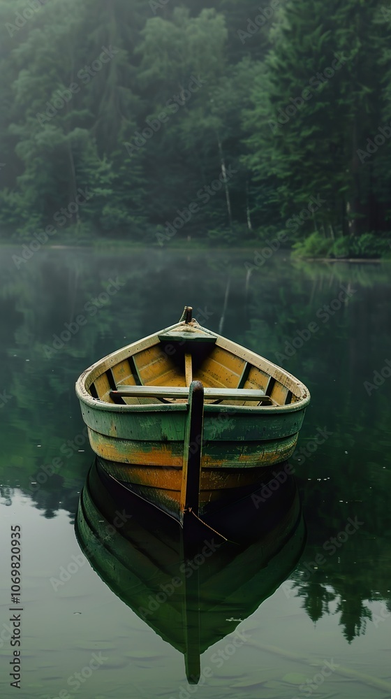 Serene Wooden Boat on a Foggy Lake in a Lush Forest Serene Wooden Boat on a Foggy Lake in a Lush Forest