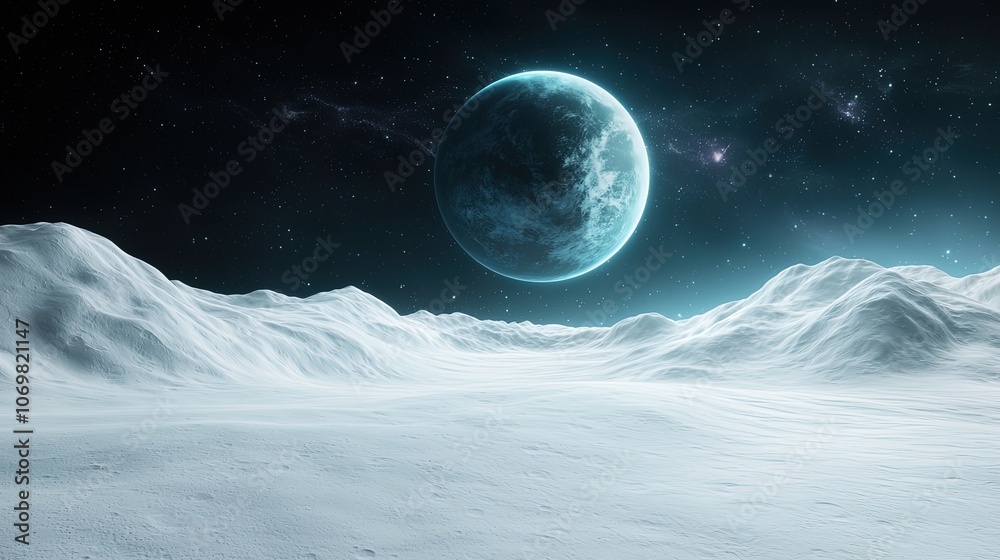 Ethereal Landscape on a Moon with a Distant Planet Above Ethereal Landscape on a Moon with a Distant Planet Above