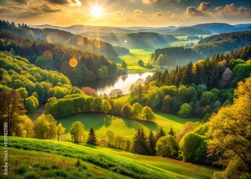 Breathtaking Bokeh Landscape of Ebersberger Forst with Lush Greenery, Rolling Hills, and Serene Water Bodies Capturing Nature's Splendor in a Dreamy Atmosphere photo