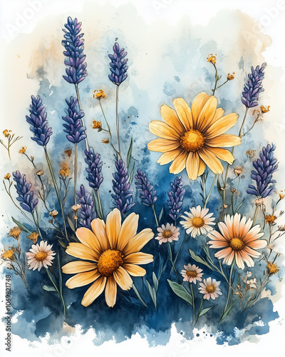 Wallpaper Mural Wildflower watercolor floral border frame, daisies, lavender, and small meadow flowers, soft pastel colors like lavender, yellow, and sky blue, countryside feel, organic and loose design Torontodigital.ca