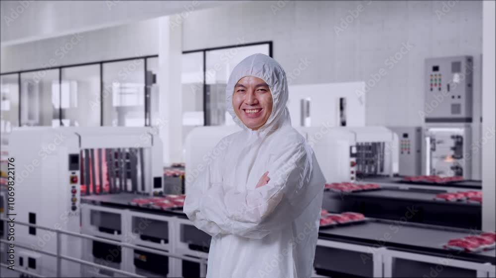 Side View Of Asian Male Food Factory Employee Crossing His Arms And Smiling With Conveyor Food Side View Of Asian Male Food Factory Employee Crossing His Arms And Smiling With Conveyor Food