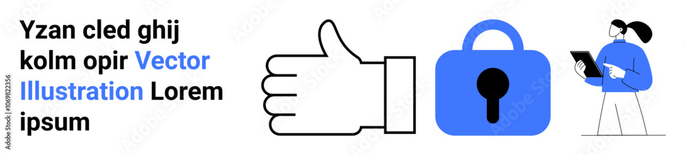 Large thumbs-up icon, blue lock icon, and a masked person holding a clipboard. Ideal for security, privacy, approval, safety, healthcare, data protection, and research. Banner for landing page Large thumbs-up icon, blue lock icon, and a masked person holding a clipboard. Ideal for security, privacy, approval, safety, healthcare, data protection, and research. Banner for landing page