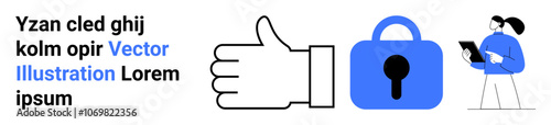 Large thumbs-up icon, blue lock icon, and a masked person holding a clipboard. Ideal for security, privacy, approval, safety, healthcare, data protection, and research. Banner for landing page