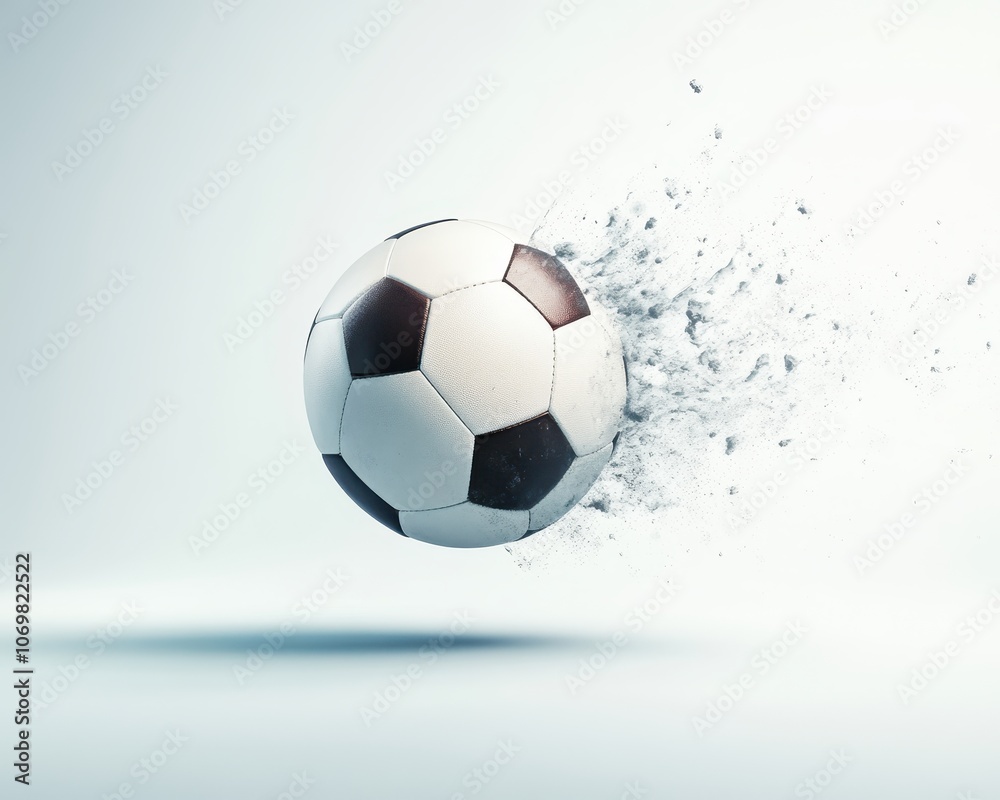 Naklejka premium Soccer Ball Explosion: A dramatic and abstract image of a soccer ball exploding into a cloud of fragments, capturing the raw energy and power of the sport.
