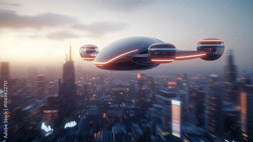 Fototapeta premium Futuristic Flying Vehicle Soaring Over a Vibrant Cityscape at Dusk