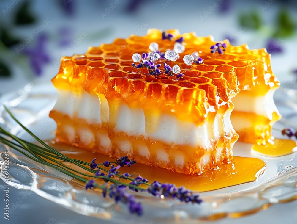 Ultrahyperrealistic lavenderinfused honeycomb dessert A honeycombshaped dessert with layers of lavenderinfused panna cotta Ultrahyperrealistic lavenderinfused honeycomb dessert A honeycombshaped dessert with layers of lavenderinfused panna cotta