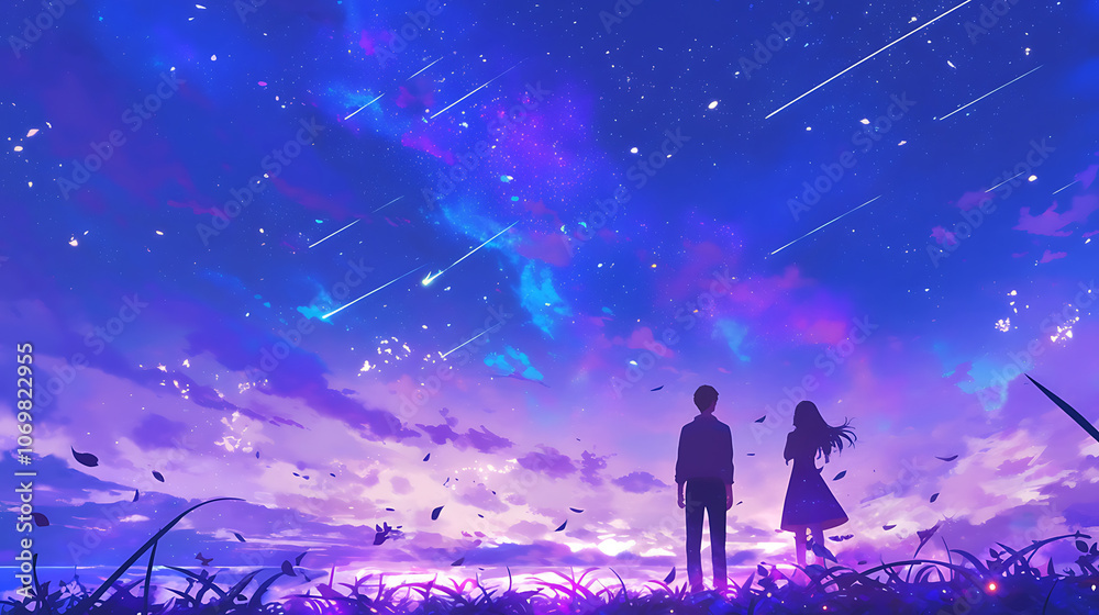 Romantic couple anime, a boy and a girl walking on a starry night Romantic couple anime, a boy and a girl walking on a starry night