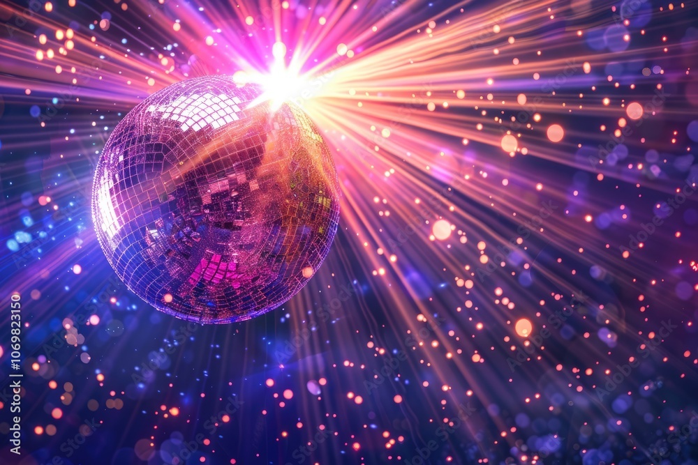 Disco ball with bright rays night party background photo. Disco ball with bright rays night party background photo.