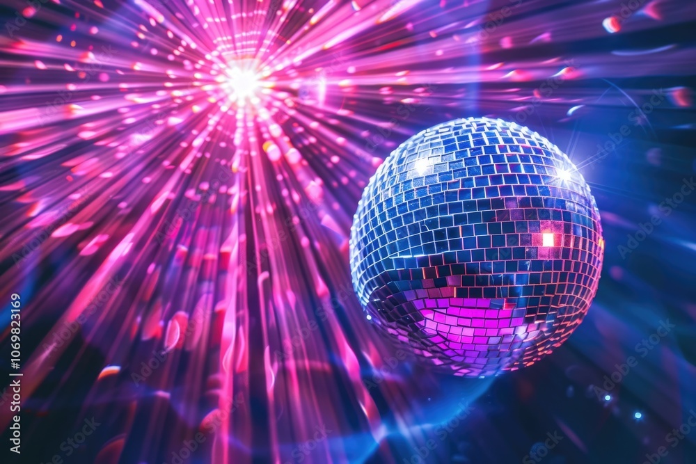 Obraz premium Disco ball with bright rays night party background photo.