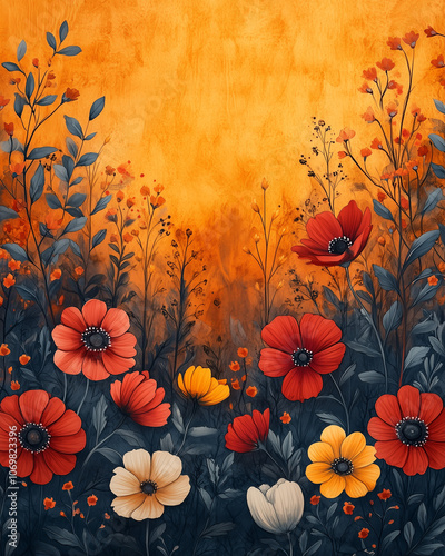 Wallpaper Mural Watercolor floral border frame with autumn flowers and foliage, warm orange, deep red, and golden yellow hues, rustic and cozy, loose and natural brushstrokes, fall season theme Torontodigital.ca